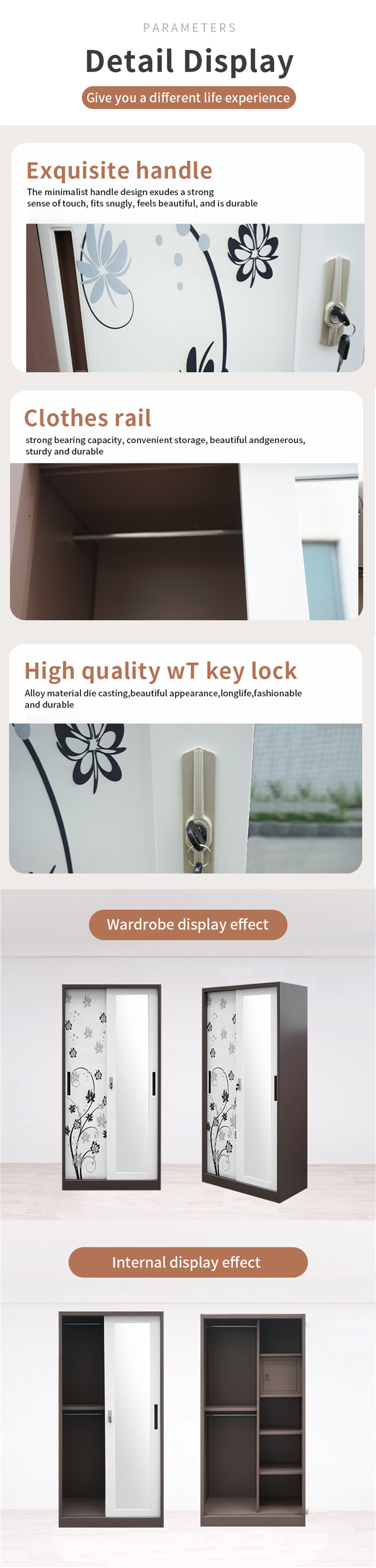 2 Sliding Doors Printed Steel Wardrobe with Mirror03